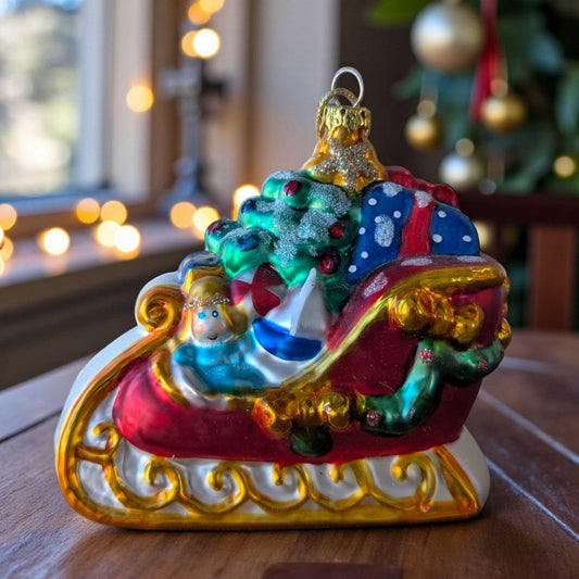 Vintage 1999 Hand-Painted Glass Santa Sleigh Ornament, Christmas Tree Decor, Holiday Collectible, BK Marked