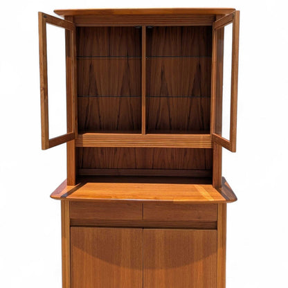 Vintage Teak Hutch Cabinet – 2-Piece Mid Century Display Cabinet w/ Glass Doors, 1960s Danish Modern Style