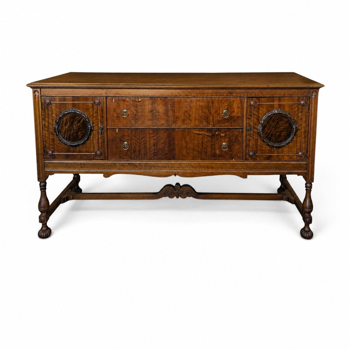 Antique Jacobean Revival Figured Wood Sideboard with Carved Medallions