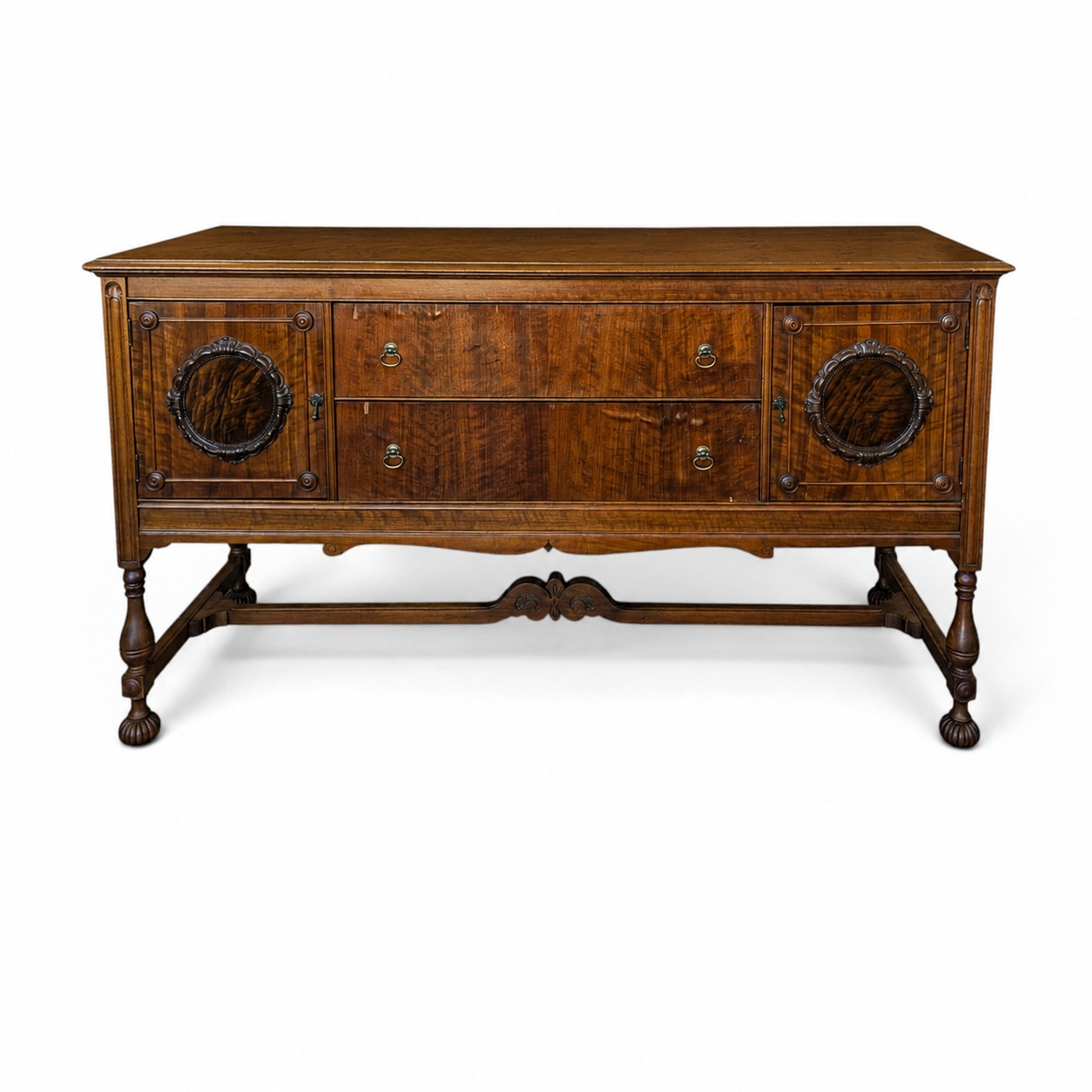 Antique Jacobean Revival Figured Wood Sideboard with Carved Medallions — view 8 of 16