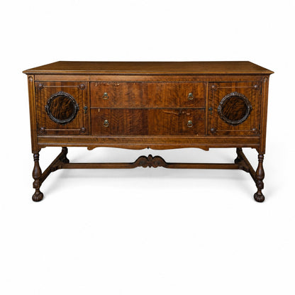 Antique Jacobean Revival Figured Wood Sideboard with Carved Medallions
