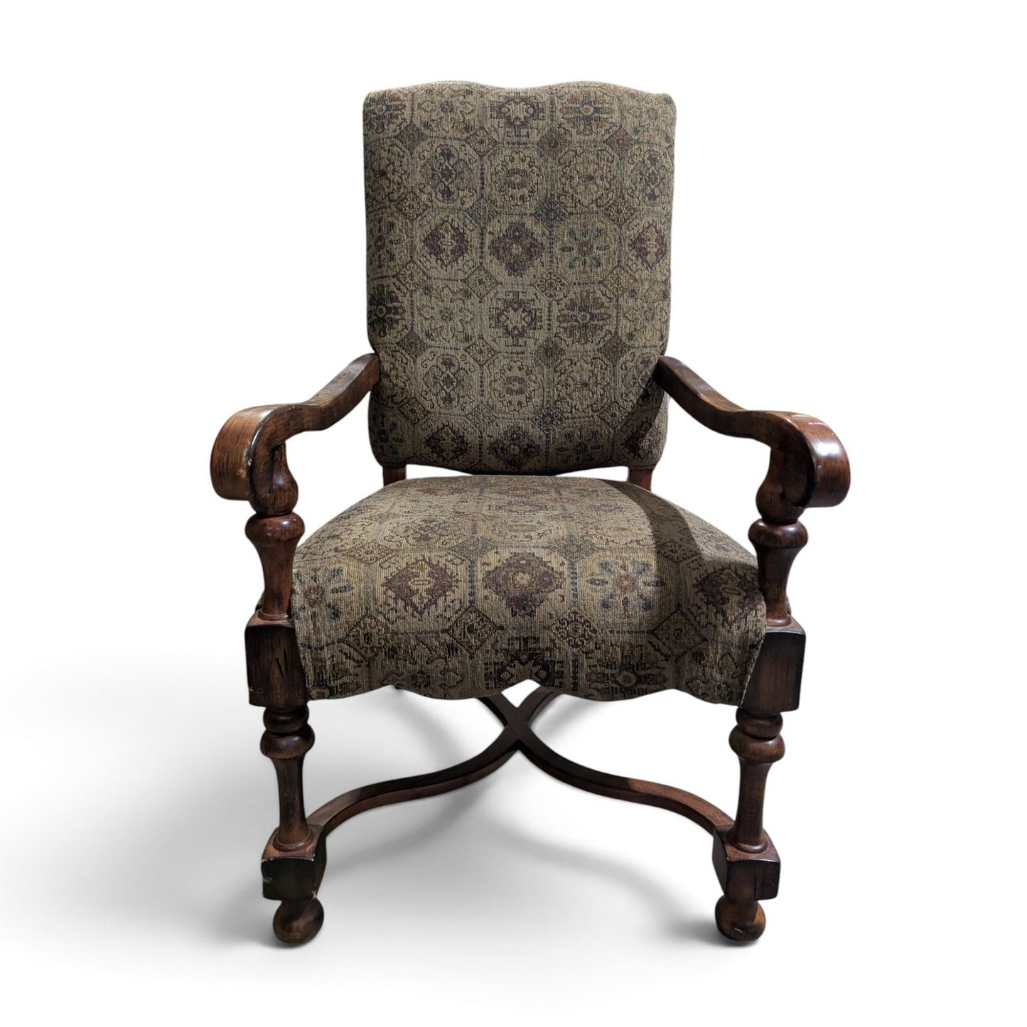 Louis XIII-Style High-Back Wood Armchair with Tapestry Upholstery