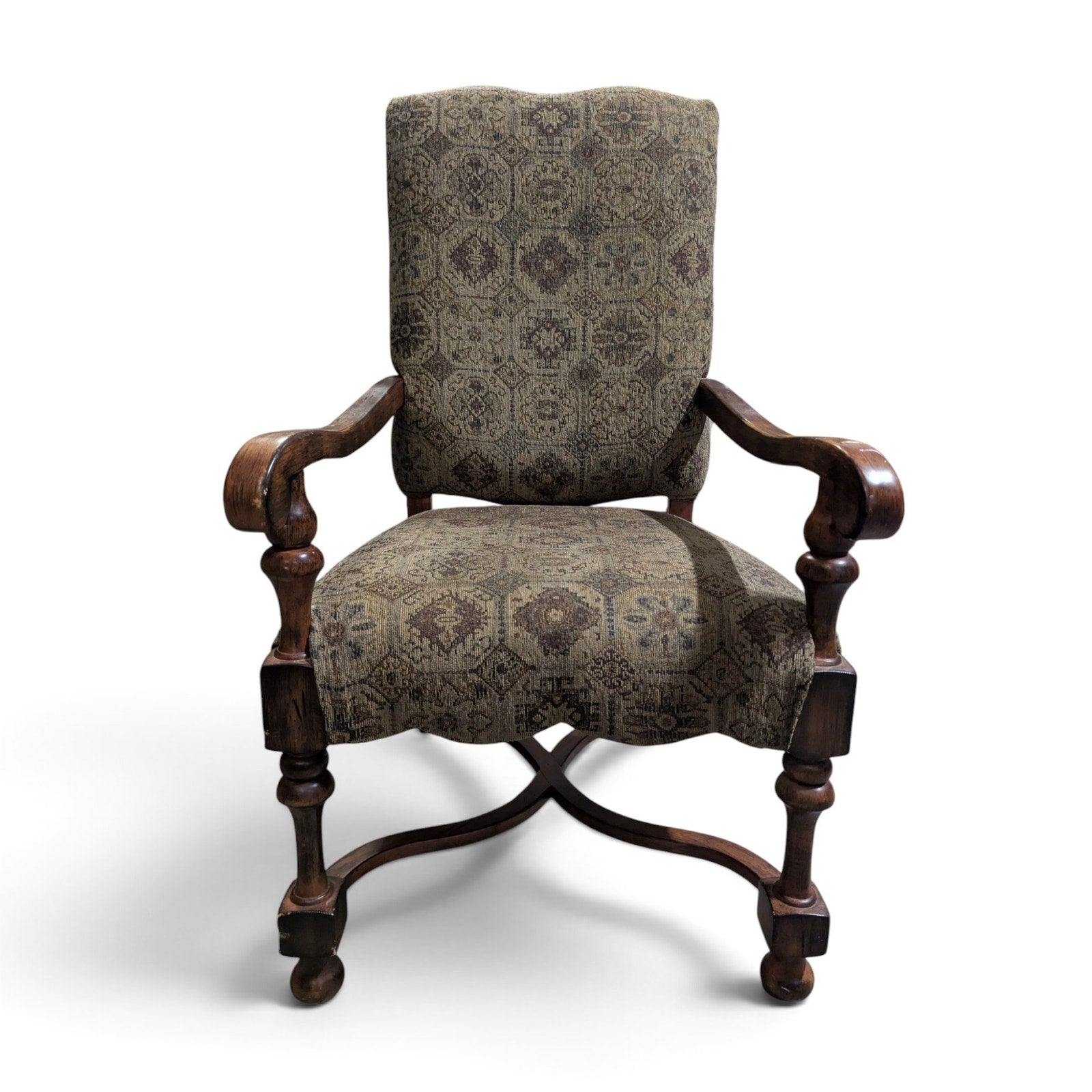 Louis XIII-Style High-Back Wood Armchair with Tapestry Upholstery — view 8 of 13