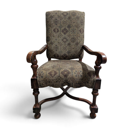 Louis XIII-Style High-Back Wood Armchair with Tapestry Upholstery