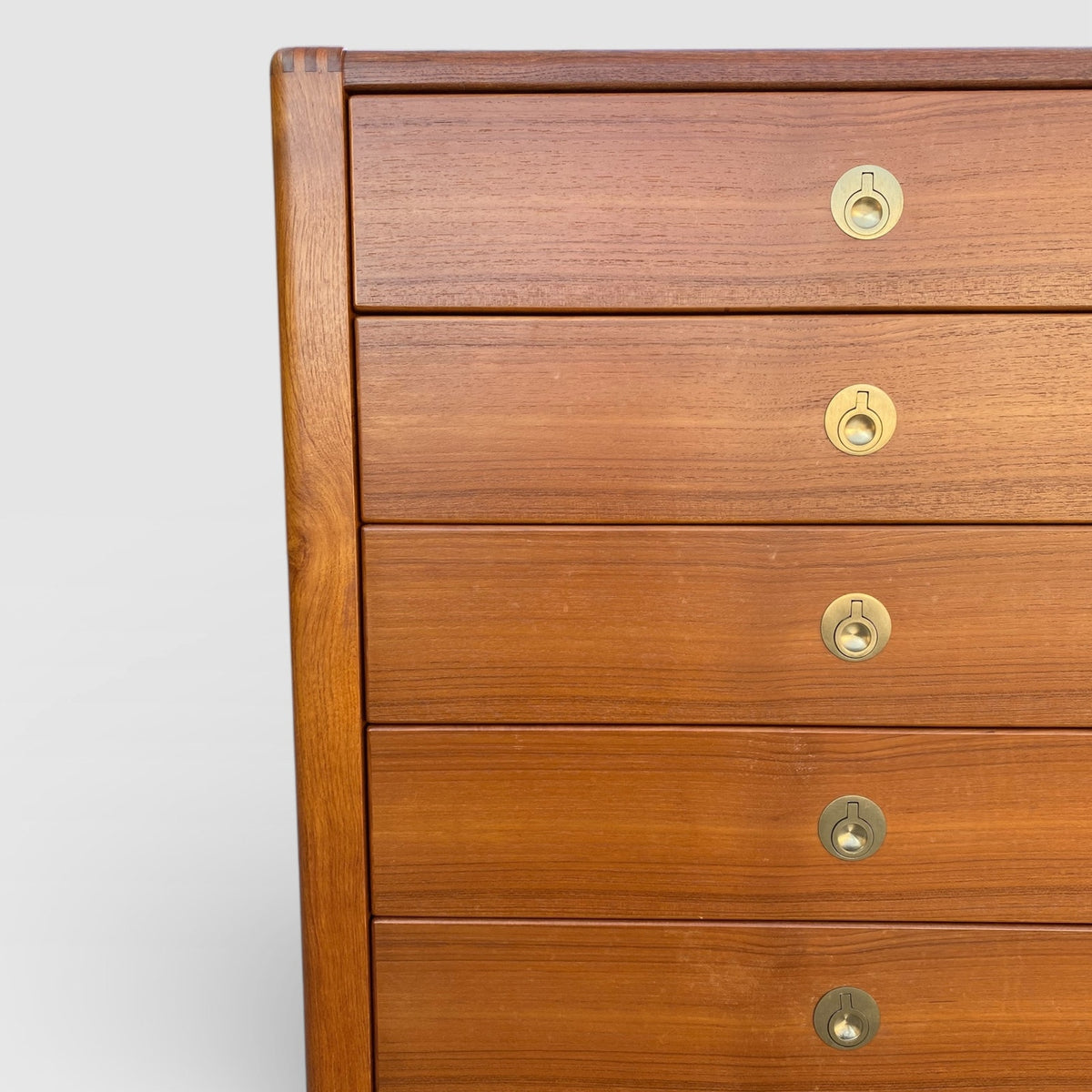 Mid-Century Modern D-Scan Captain Line Tallboy Dresser in Teak with Brass Pulls — view 11 of 16