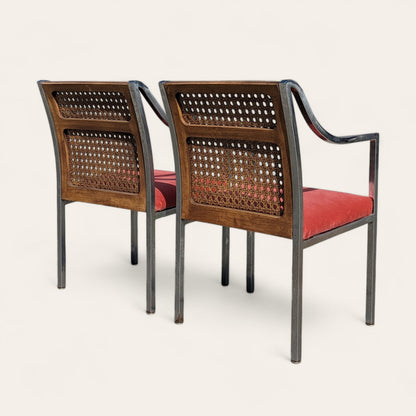 Pair of Mid-Century Chrome and Cane-Back Armchairs in Pink Velvet