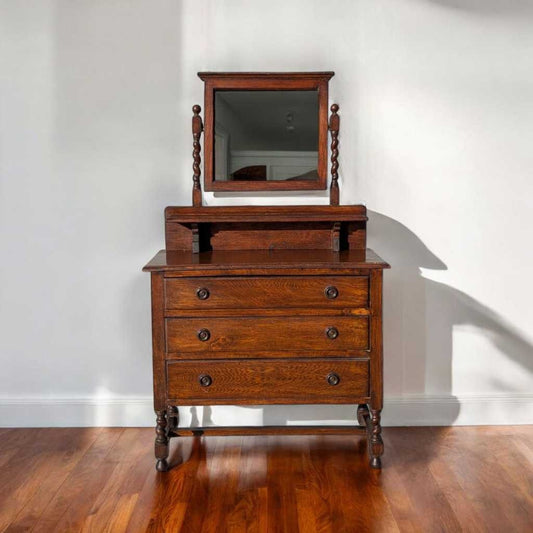 Antique Tiger Oak Dresser with Mirror – Barley Twist Detail, Vintage Vanity with Drawers, Early 1900s