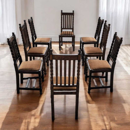 Eight Antique Dining Chairs – Vintage Wooden Chairs, Set of 8, Oak, Barley Twist, Rustic, Farmhouse, Traditional, Dining, Kitchen