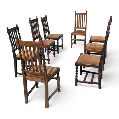 Eight Antique Dining Chairs – Vintage Wooden Chairs, Set of 8, Oak, Barley Twist, Rustic, Farmhouse, Traditional, Dining, Kitchen