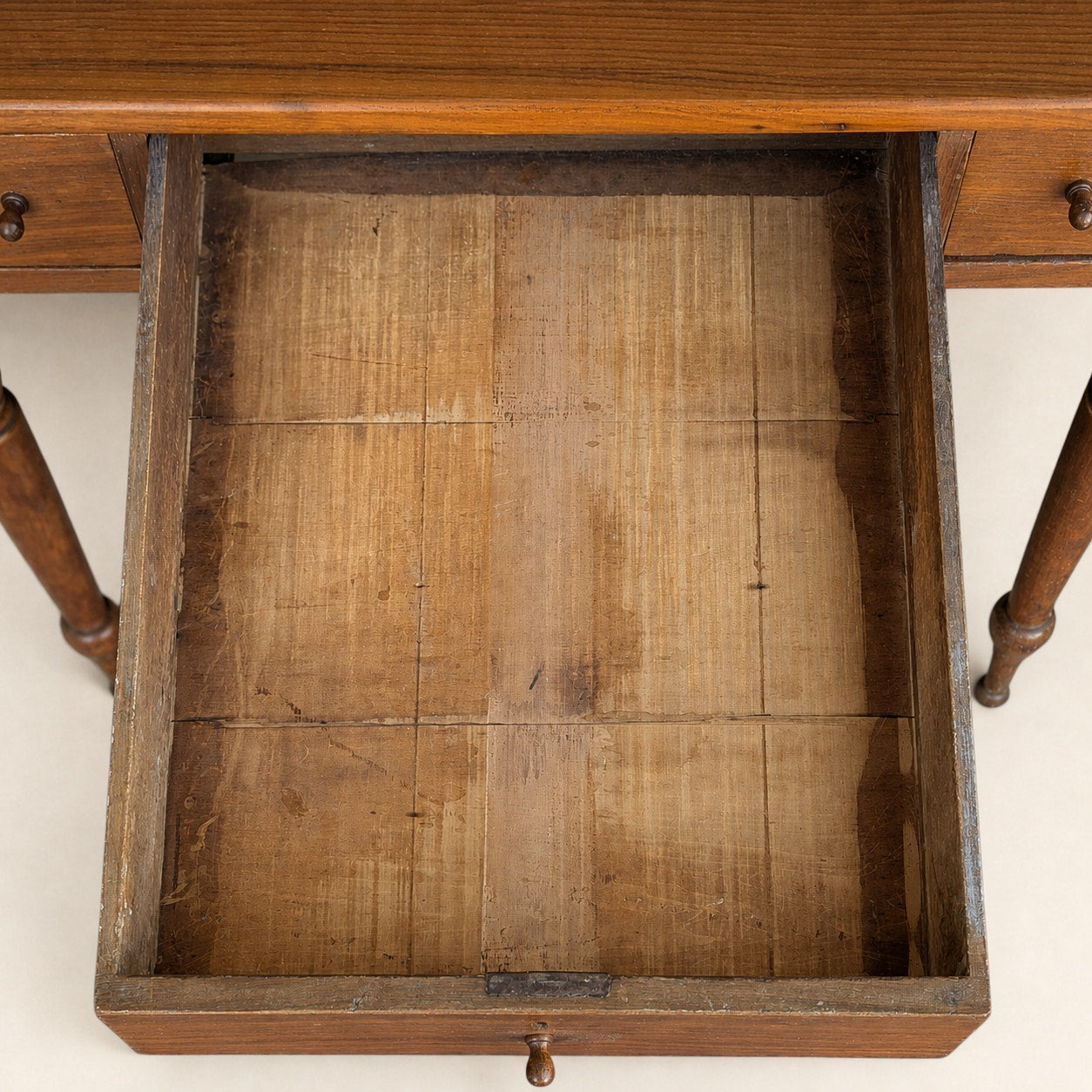 Antique Walnut Three-Drawer Writing Desk with Turned Legs — view 2 of 16