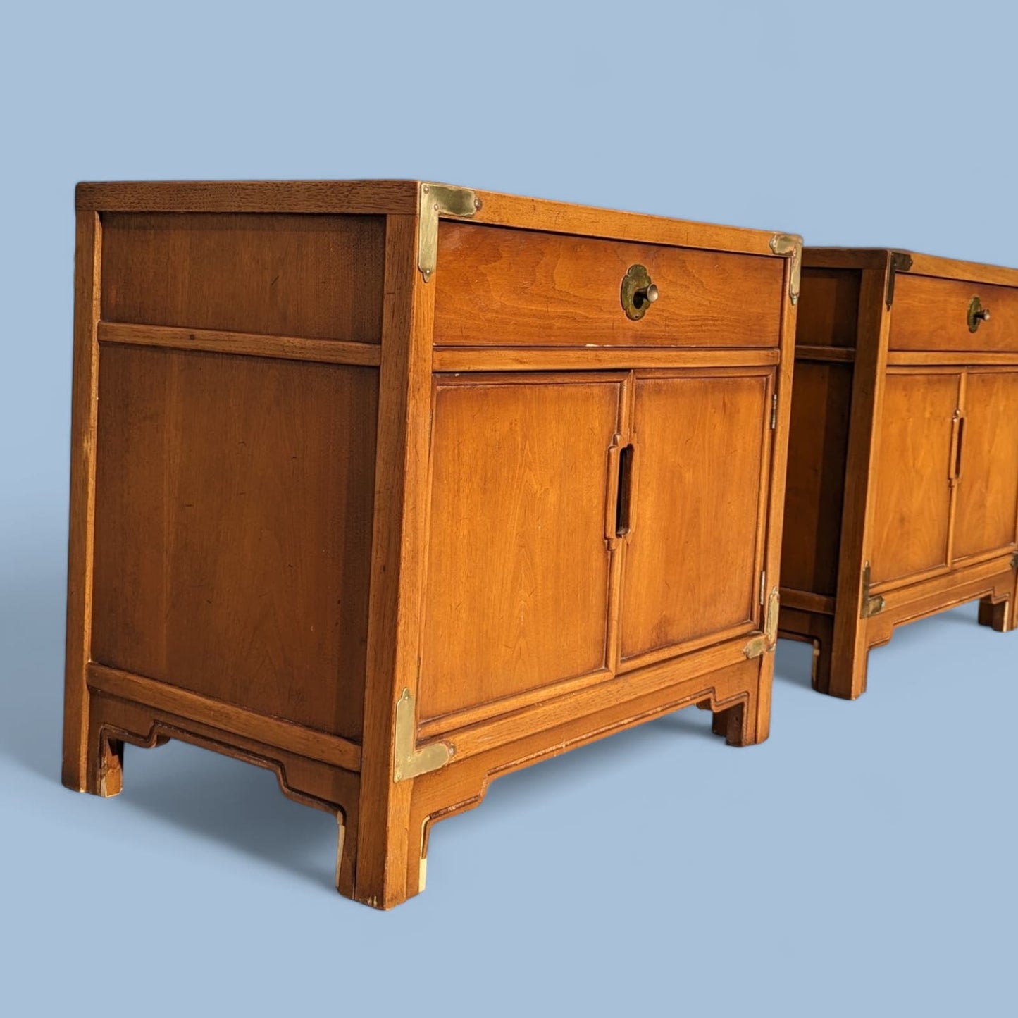 Nightstands by Drexel, Compass Collection, Mid Century, 1950s, MCM, Walnut, Brass, Chinoserie