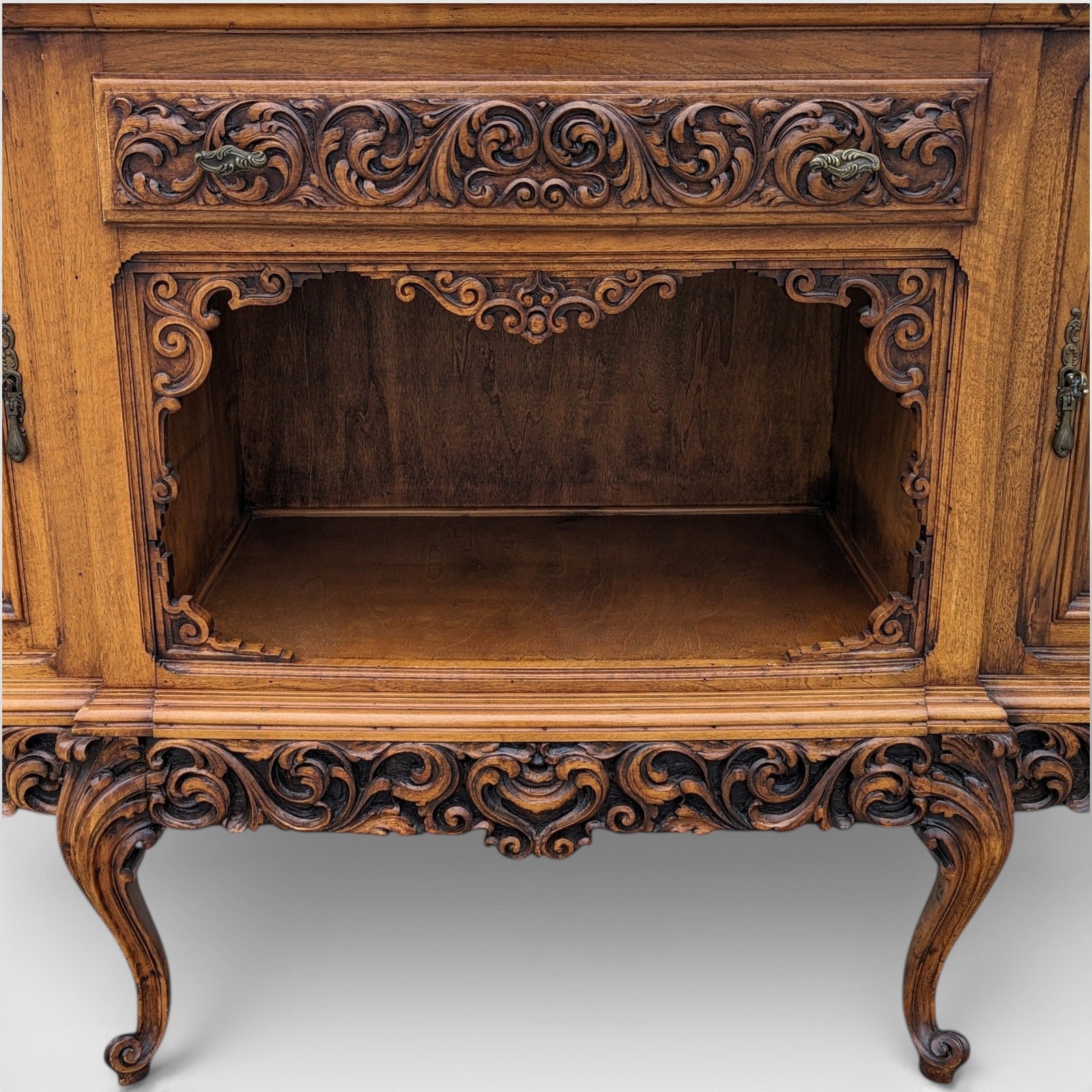 Continental Walnut Carved Sideboard Cabinet with Sculptural Apron — view 13 of 16