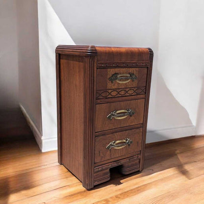 Art Deco Nightstand – 1930s Vintage Bedside Table, Waterfall Edge, 26" Tall, Excellent Condition