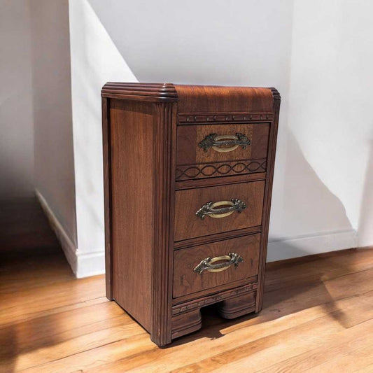 Art Deco Nightstand – 1930s Vintage Bedside Table, Waterfall Edge, 26" Tall, Excellent Condition