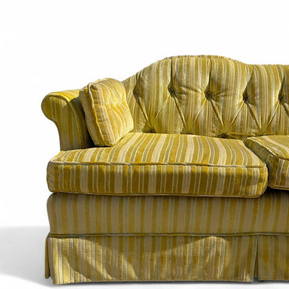 Vintage 96” Tufted Striped Sofa – Mid Century Curved Back Couch, Cleaned + New Foam Included, Unique Hollywood Regency Style