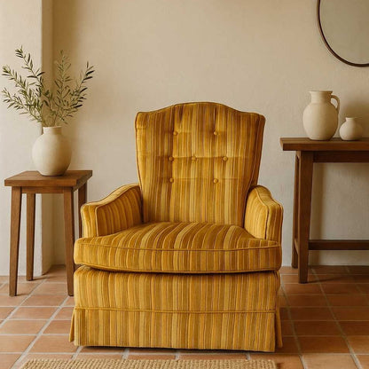 Vintage Key City Lounge Chair in Golden Striped Velour – Mid Century Accent Chair, Retro Skirted Chair, Professionally Cleaned