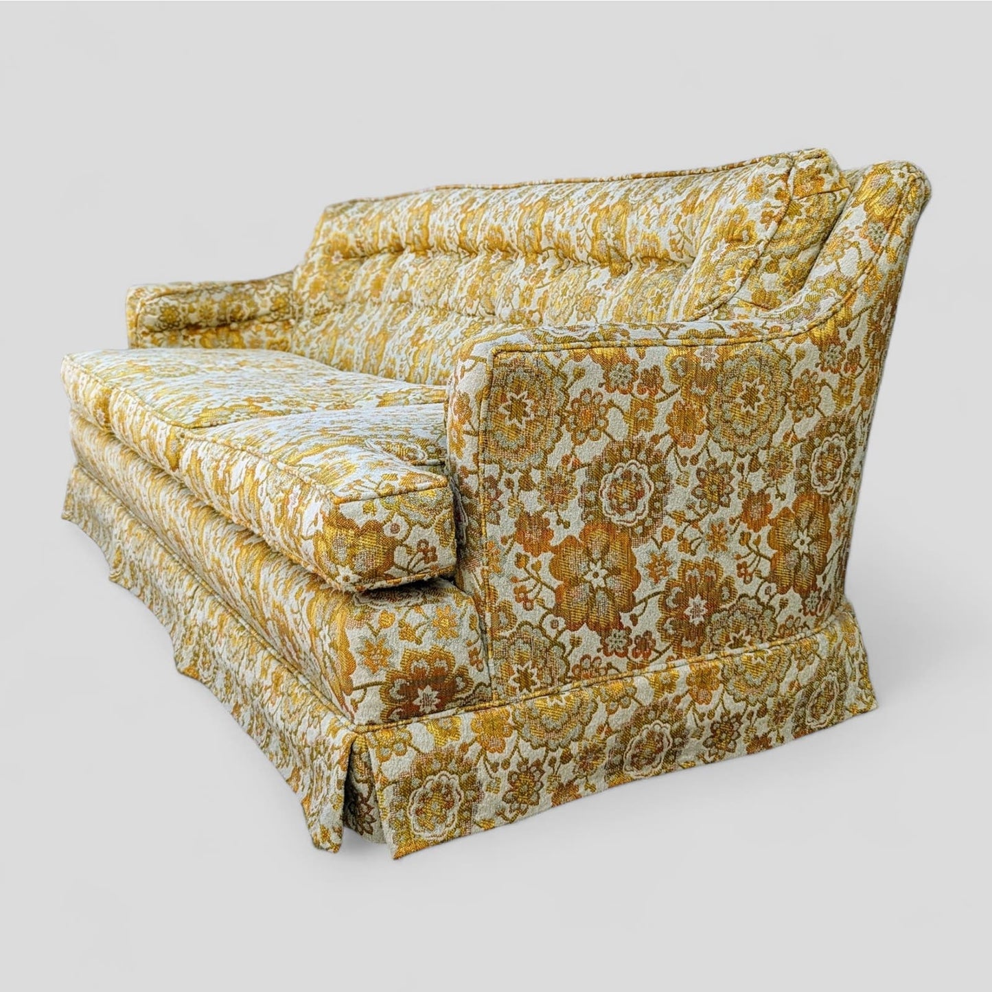 Vintage Hollywood Regency Floral Brocade Tufted Sofa, Yellow, Maximalist, MCM, Retro, Fun, Living Room