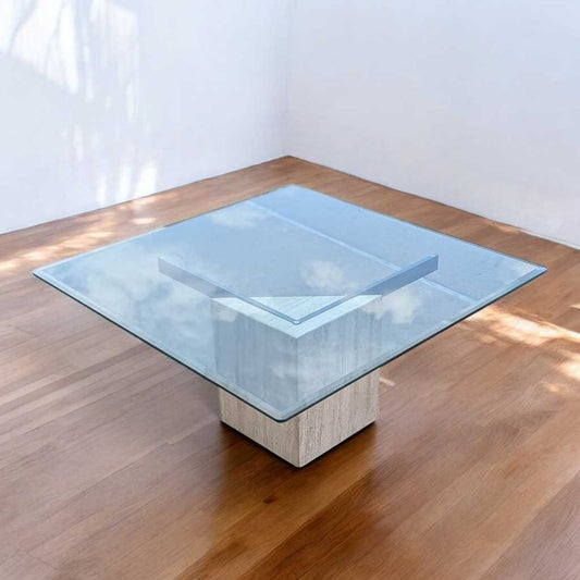 Postmodern Square Glass Coffee Table – Travertine Base, Silver Cross Bars, 1980s Sculptural Minimalist