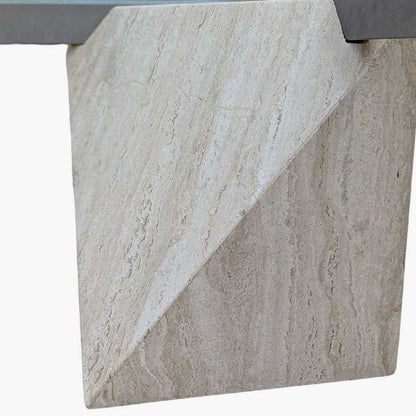 Postmodern Square Glass Coffee Table – Travertine Base, Silver Cross Bars, 1980s Sculptural Minimalist