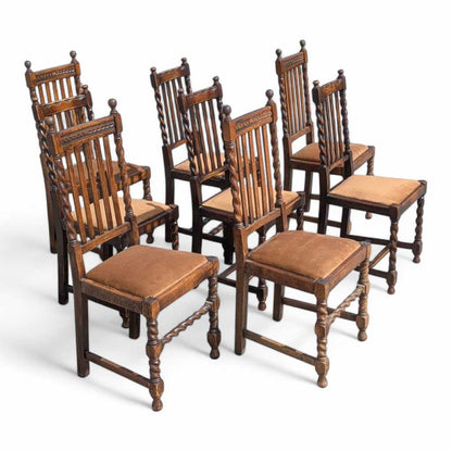 Eight Antique Dining Chairs – Vintage Wooden Chairs, Set of 8, Oak, Barley Twist, Rustic, Farmhouse, Traditional, Dining, Kitchen