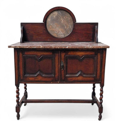 Antique Marble-Top Washstand – Oak with Barley Twist Legs and Round Marble Back, Early 1900s English