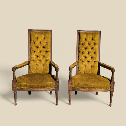 Pair of Vintage High Back Armchairs – Tufted Gold Velvet Regency Chairs, Neoclassical Revival, 1960s Accent Seating