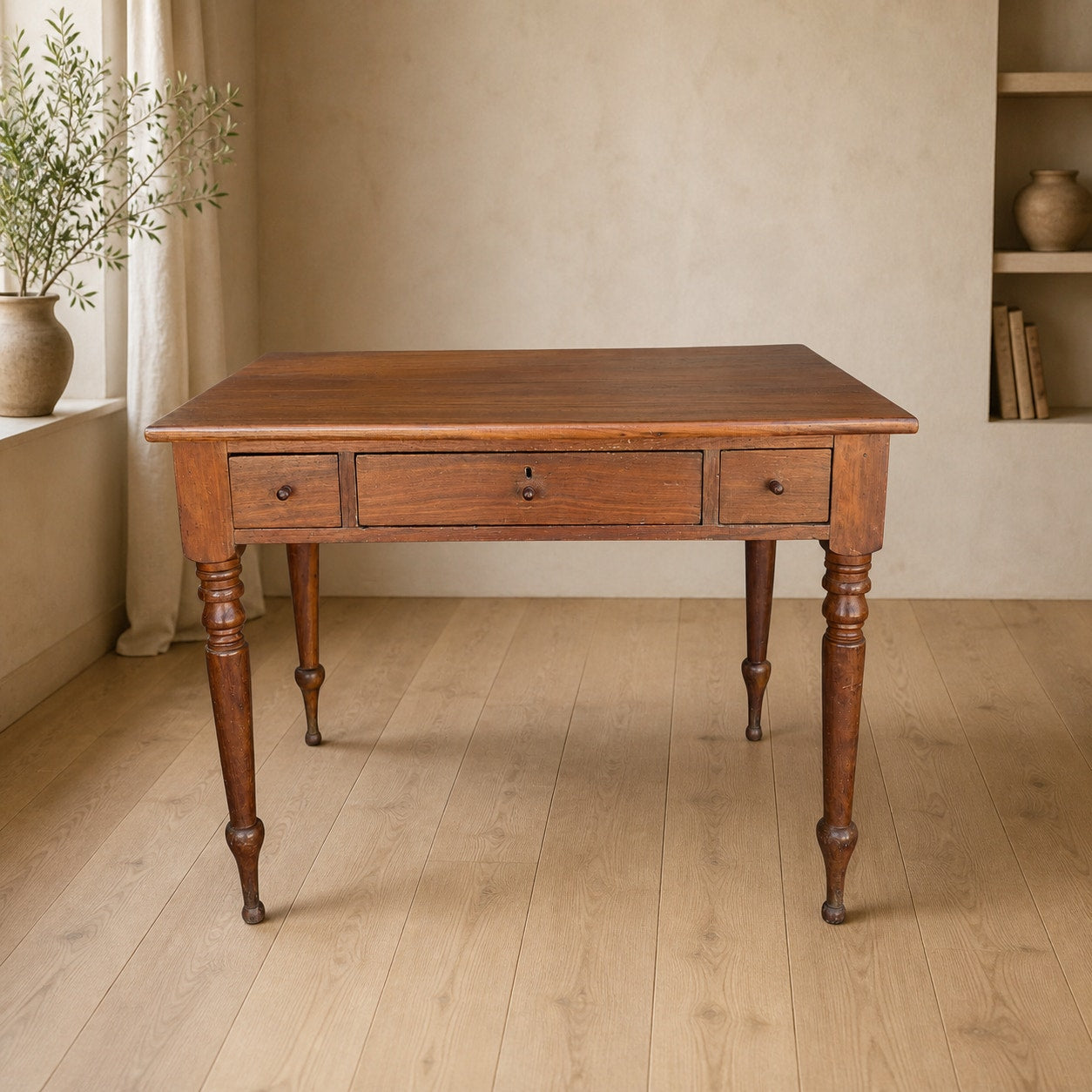 Antique Walnut Three-Drawer Writing Desk with Turned Legs