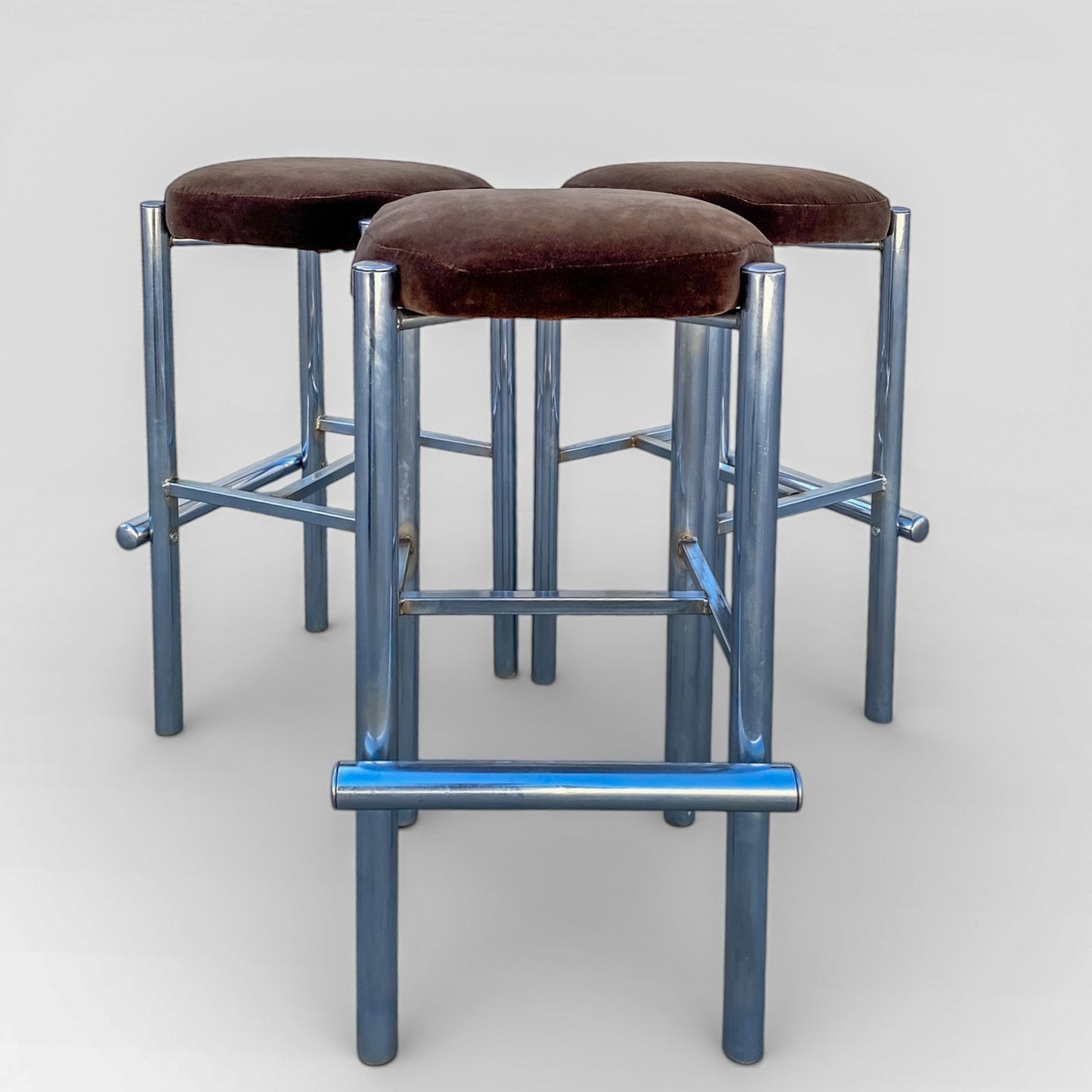 Chrome Bar Stools Set of 3 with Chocolate Velvet Seats