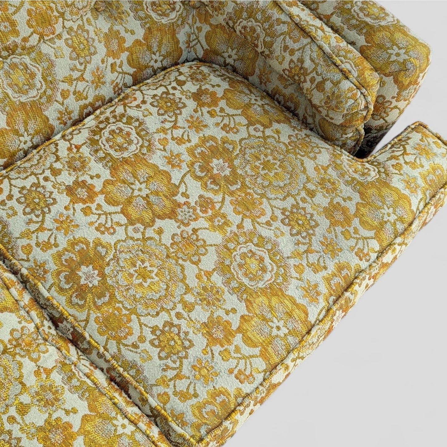 Vintage Hollywood Regency Floral Brocade Tufted Sofa, Yellow, Maximalist, MCM, Retro, Fun, Living Room