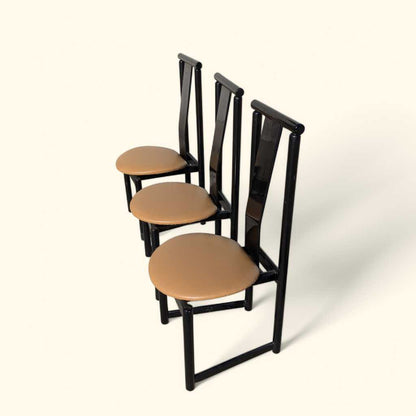 Set of Six BiF Postmodern Black Lacquer Dining Chairs, 1980s