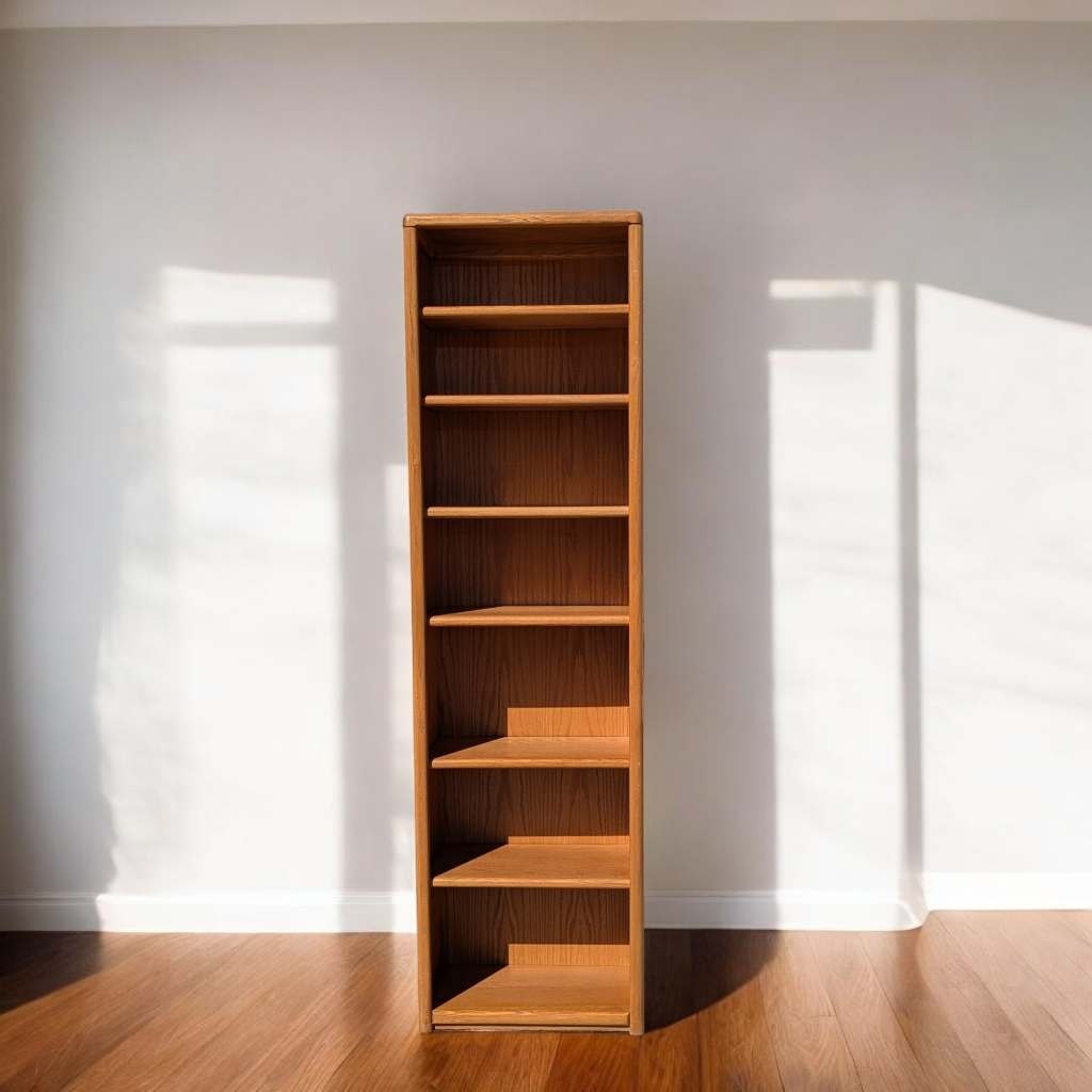 Vintage Oak Bookcase, Solid Wood, Mid Century, MCM, Slim, Six Shelves, Freestanding, Living Room