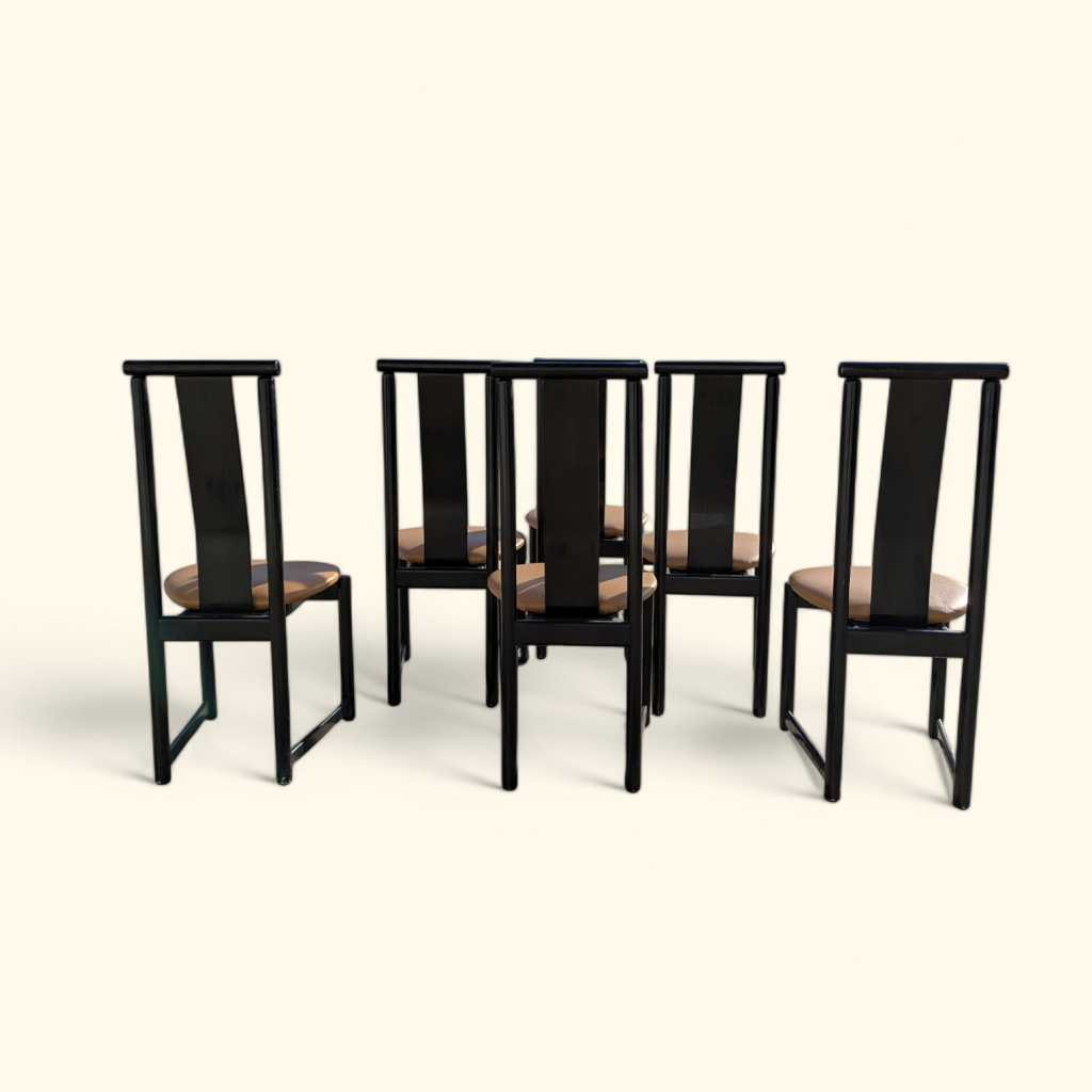Set of Six BiF Postmodern Black Lacquer Dining Chairs, 1980s