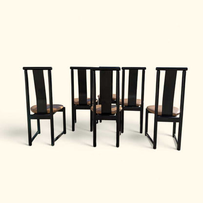 Set of Six BiF Postmodern Black Lacquer Dining Chairs, 1980s