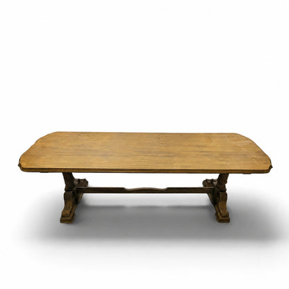 Vintage Butter Yellow Painted Trestle Sofa Table with Scalloped Top