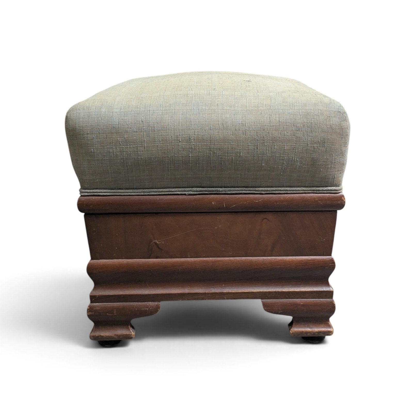 Early-to-Mid 20th Century Upholstered Wood Storage Ottoman with Hinged Lid — view 10 of 16