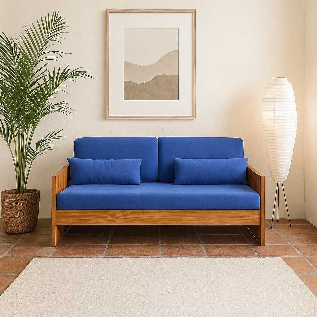 Mid-Century Canadian Teak Pull-Out Sofa Bed in Blue Upholstery, 1970s Modern Convertible Sleeper