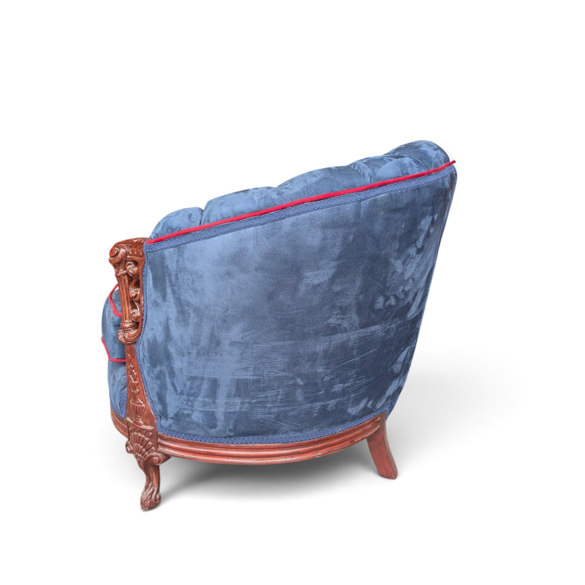 Vintage Union Jack Upholstered Sofa with Ornate Carved Wood Frame — view 14 of 16