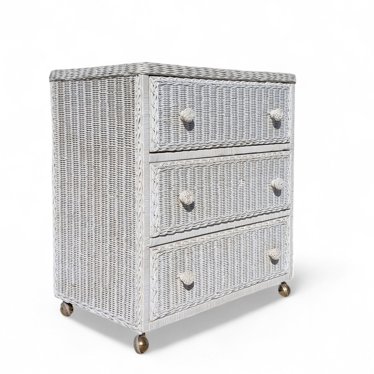 Vintage White Woven Wicker Three-Drawer Chest on Casters — view 16 of 16