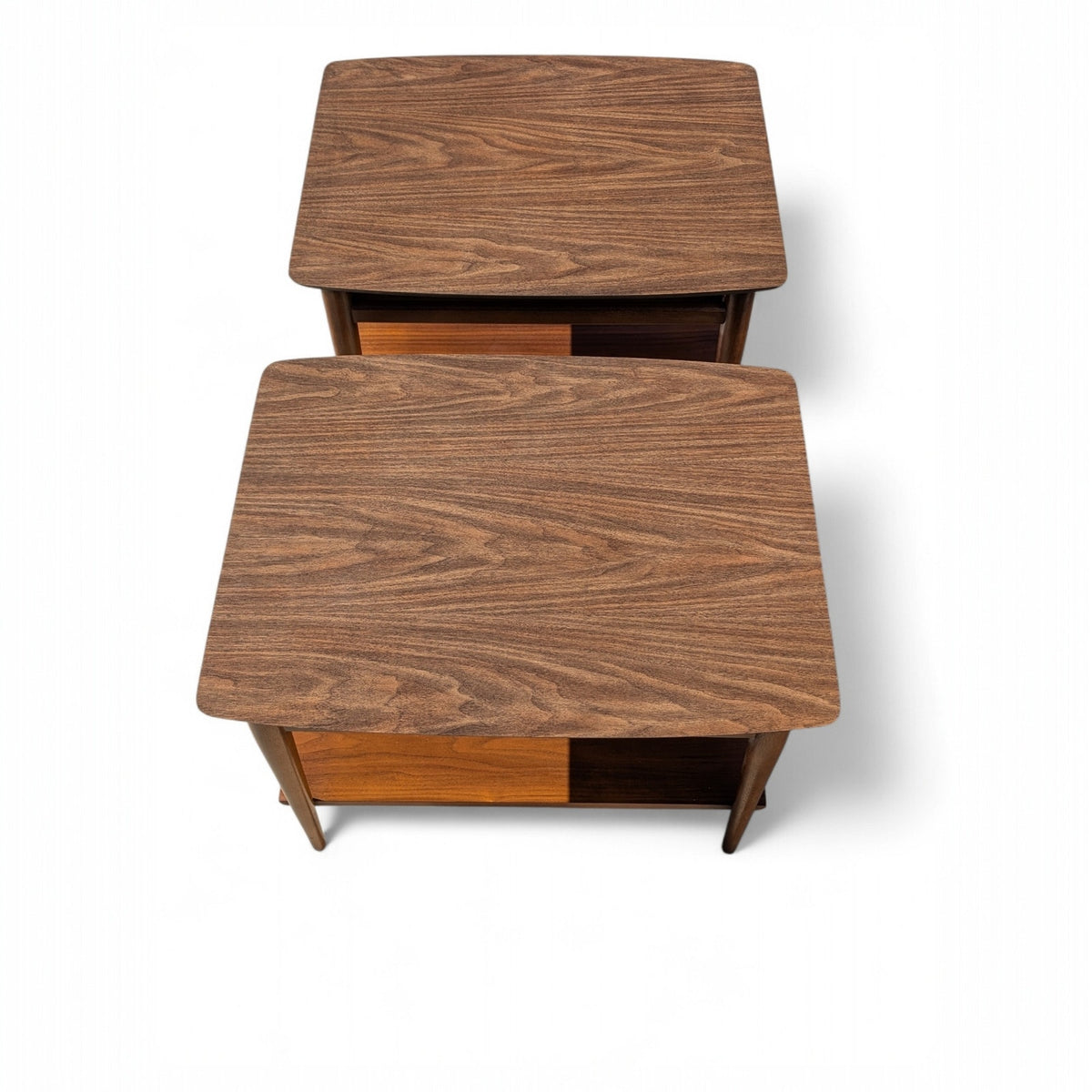 Pair of 1960s Lane Walnut Nightstands with Drawers and Lower Shelves