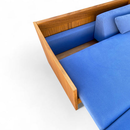 Mid-Century Canadian Teak Pull-Out Sofa Bed in Blue Upholstery, 1970s Modern Convertible Sleeper
