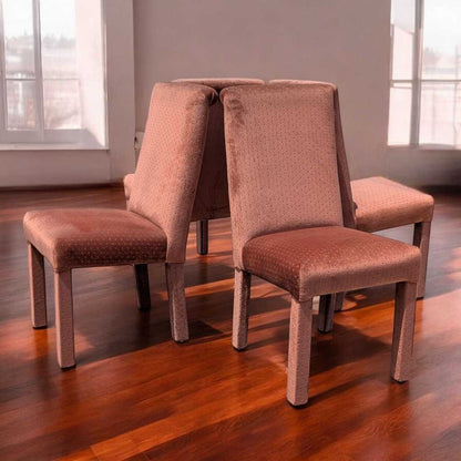 Set of 4 Postmodern Dining Chairs – 1980s Salmon Pink Velvet Upholstery, High Back Chairs, Vintage Modern Design, Sculptural Seating