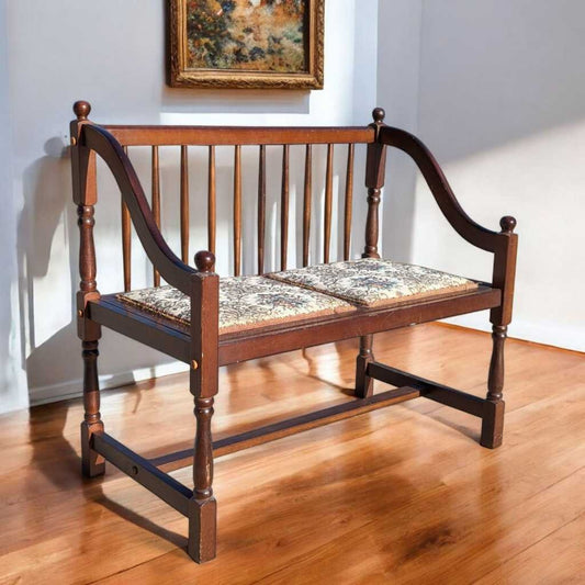 Vintage Spindle Back Wood Settee – Floral Upholstered Bench with Curved Arms, Entryway or Hall Seating