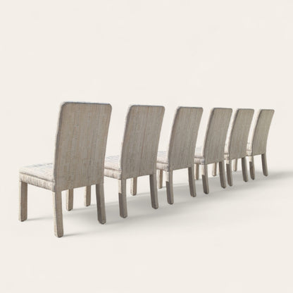 Set of 6 Postmodern 1980s Dining Chairs – Cream Textured Fabric w/ Subtle Color Flecks, Sculptural Silhouette