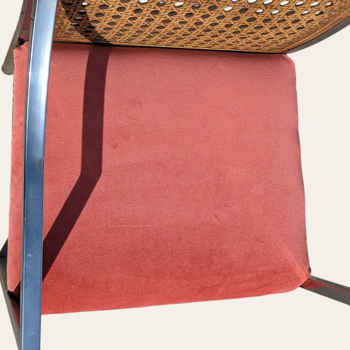 Pair of Mid-Century Chrome and Cane-Back Armchairs in Pink Velvet