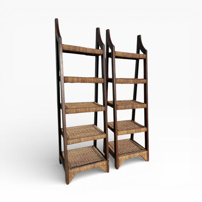 Pair of Sculptural Wooden Étagère Shelves with Woven Rush Shelves, Mid-20th Century