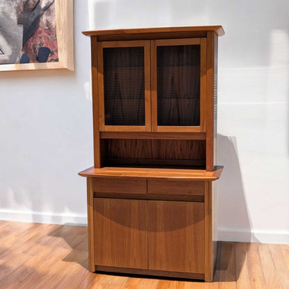 Vintage Teak Hutch Cabinet – 2-Piece Mid Century Display Cabinet w/ Glass Doors, 1960s Danish Modern Style