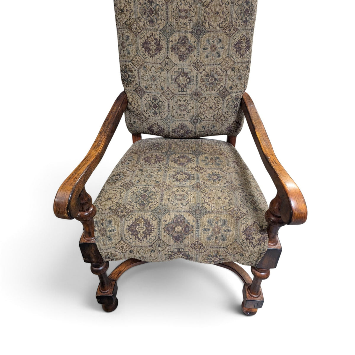 Louis XIII-Style High-Back Wood Armchair with Tapestry Upholstery — view 12 of 13