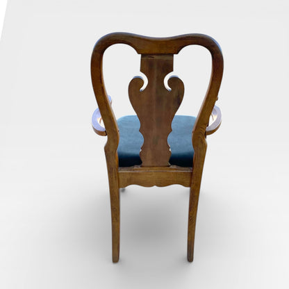 Set of Six Antique Queen Anne Walnut Dining Chairs with Slate-Blue Upholstery