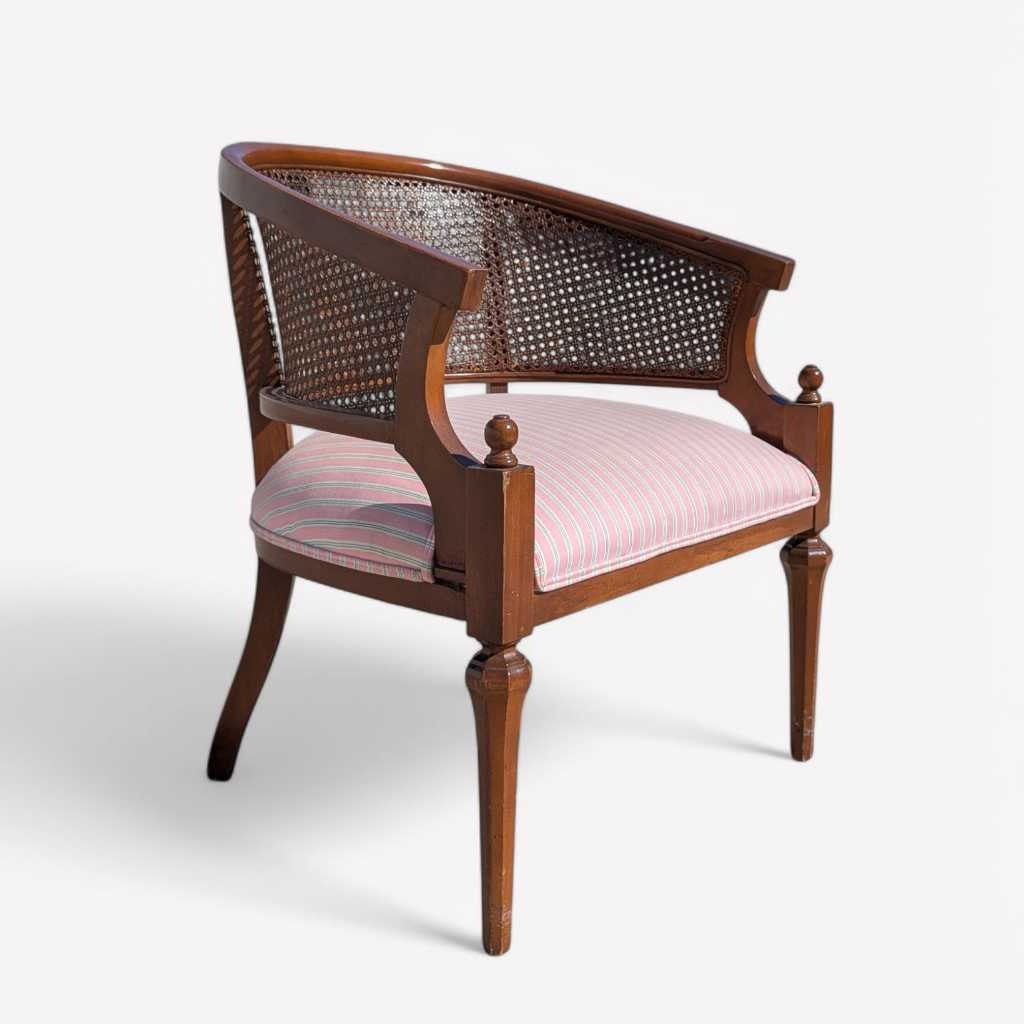 1970s Regency-Style Wood and Cane Barrel-Back Armchair — view 1 of 16