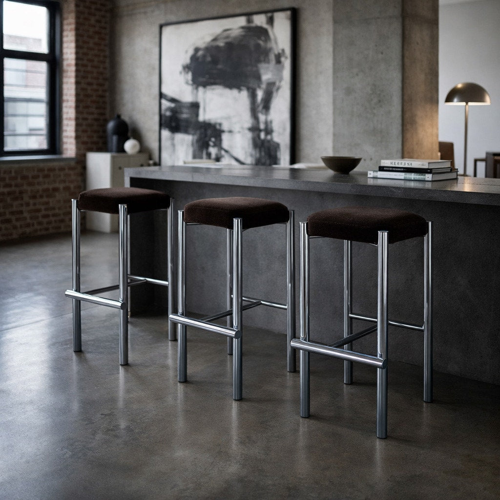 Chrome Bar Stools Set of 3 with Chocolate Velvet Seats